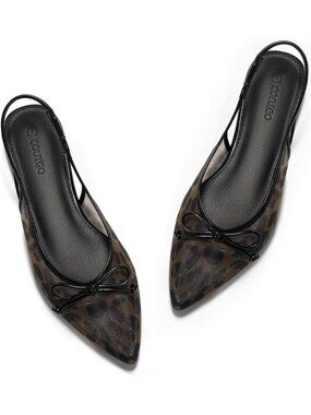Women's Leopard Slingback Flats Bow Closed Pointed Toe Mesh Ballet Dress Shoes